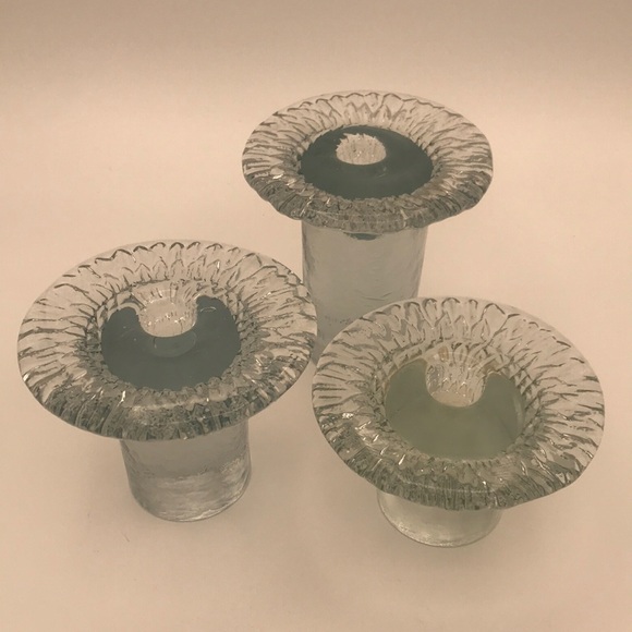 MCM VTG 70's Blenko Don Shepherd Ice Mushroom Clear Glass Candleholders Set of 3 - Picture 2 of 6
